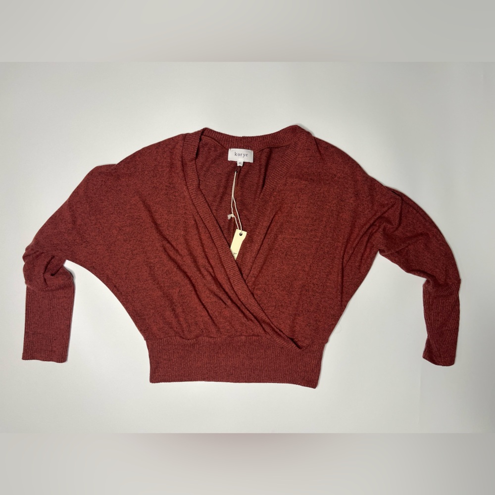New Surplice Brushed Knit Top, Rust Red Deep V Neck Sweater